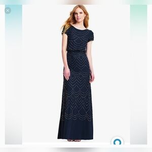 Adrianna Papell Blouson Short Sleeve Embellished Beaded Maxi Gown Navy Size 4